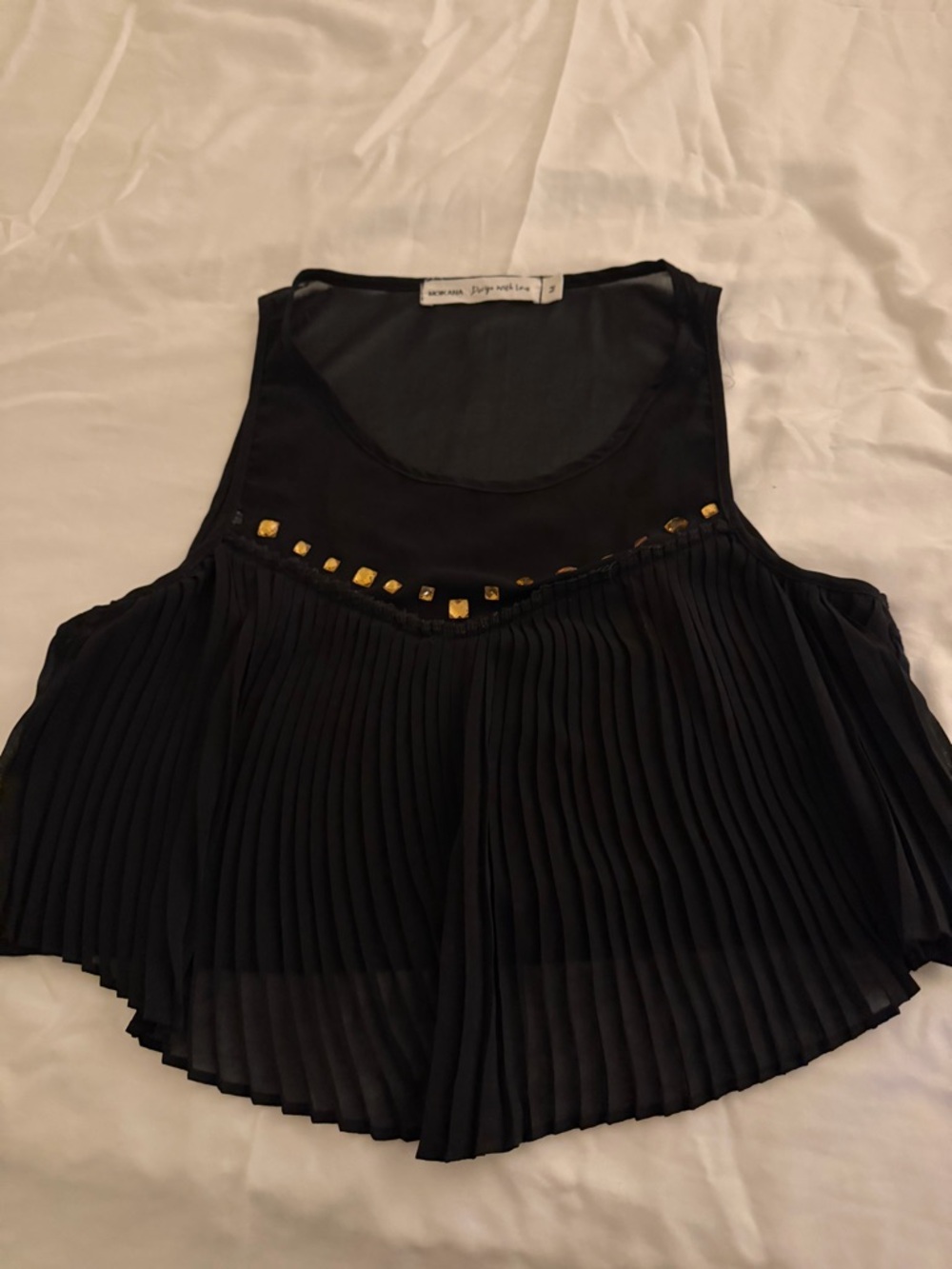Black Pleated Sleeveless Tank with Gold Stud Accent